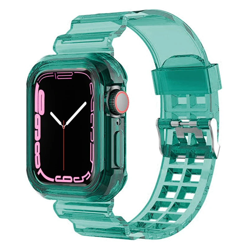 Clear Band + Case for Apple Watch Series 9 8 7 49mm 45mm 44mm 42mm 41mm Transparent Plastic Strap for iwatch 6 SE 5 4 38mm 40mm
