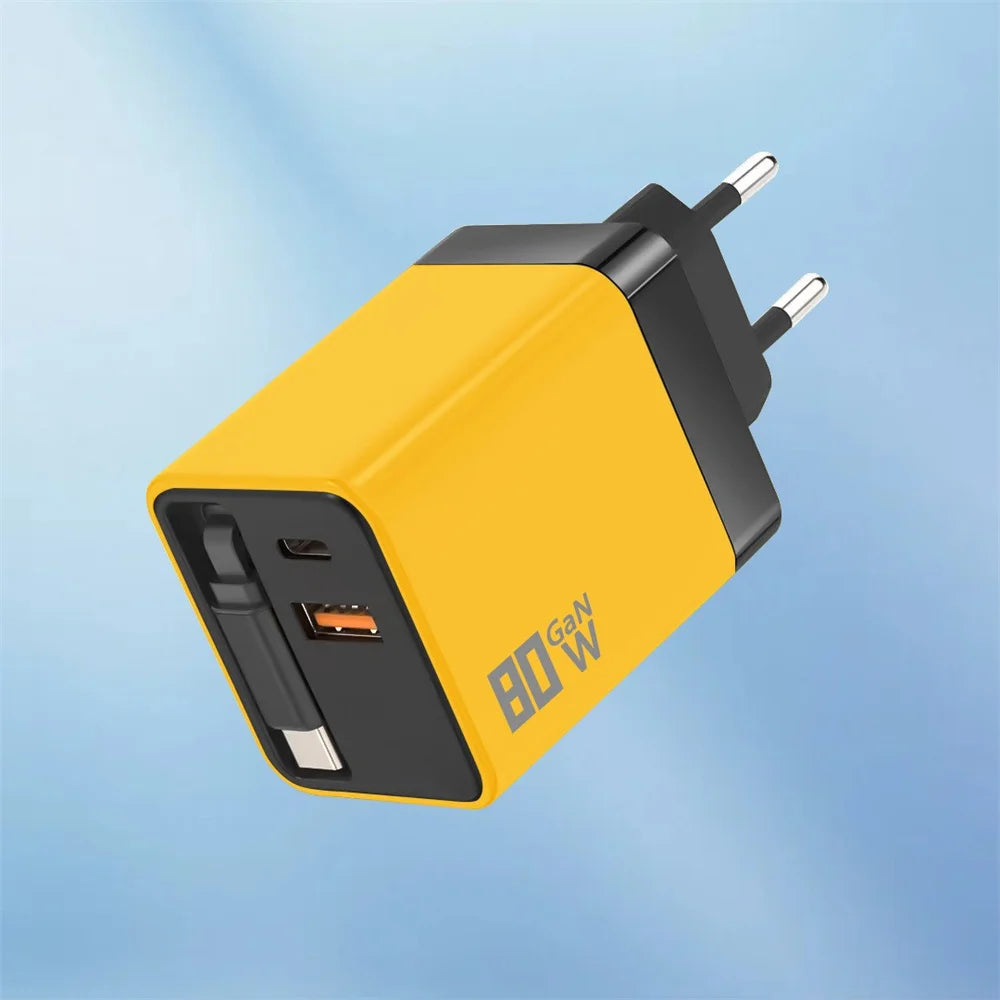 80W GaN USB Type C Charger Fast Charging With Built-in PD Cable USB C Quick Charger EU/US/UK Plug For iPhone 17 16 Xiaomi Huawei