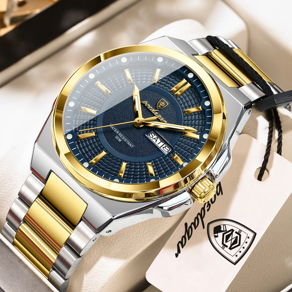 POEDAGAR Top Business Men Wristwatch Stainless Steel Waterproof Luminous Casual Man Watch Date Week Stylish Men's Quartz Watches
