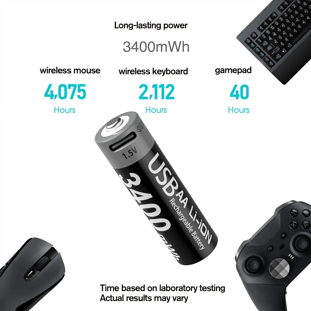 Kuugro High Capacity 1.5V 3400mWh AA Rechargeable Battery USB Type-C AA Li-ion Battery for Remote Control Smart Door Lock Toy