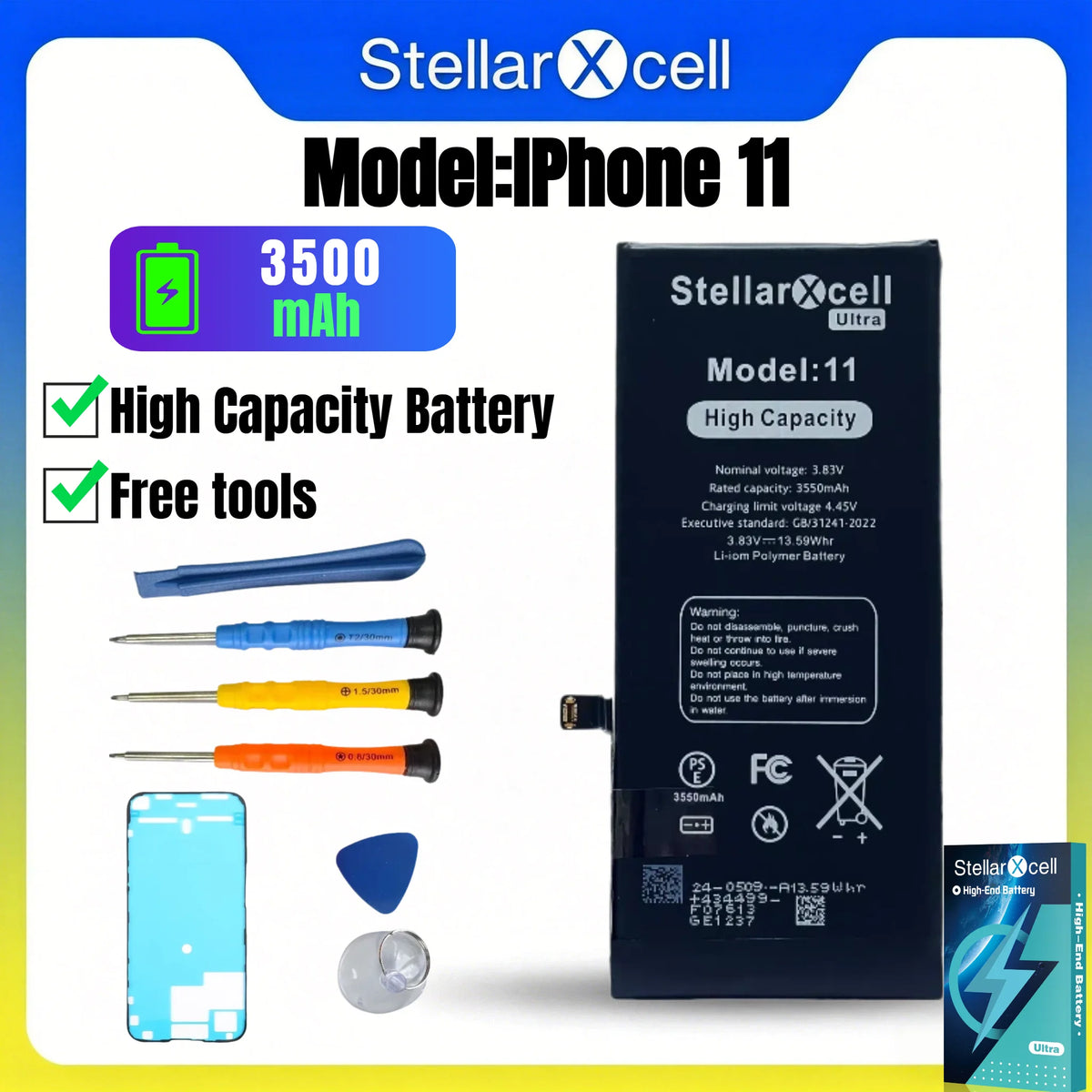 StellarXcell Ultra Original Battery High Capacity Cell for iPhone 7037 TI for 11 12 13 14 15 Pro Plus promax mini with Free Tool