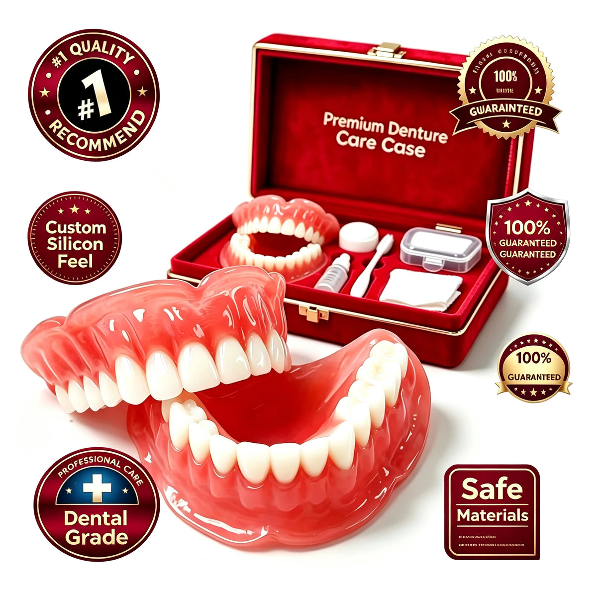 Premium Full‑Mouth Silicone Comfort Dentures for Adults, Soft Reline False Teeth Set with Storage Box Toothbrush Removal Hook