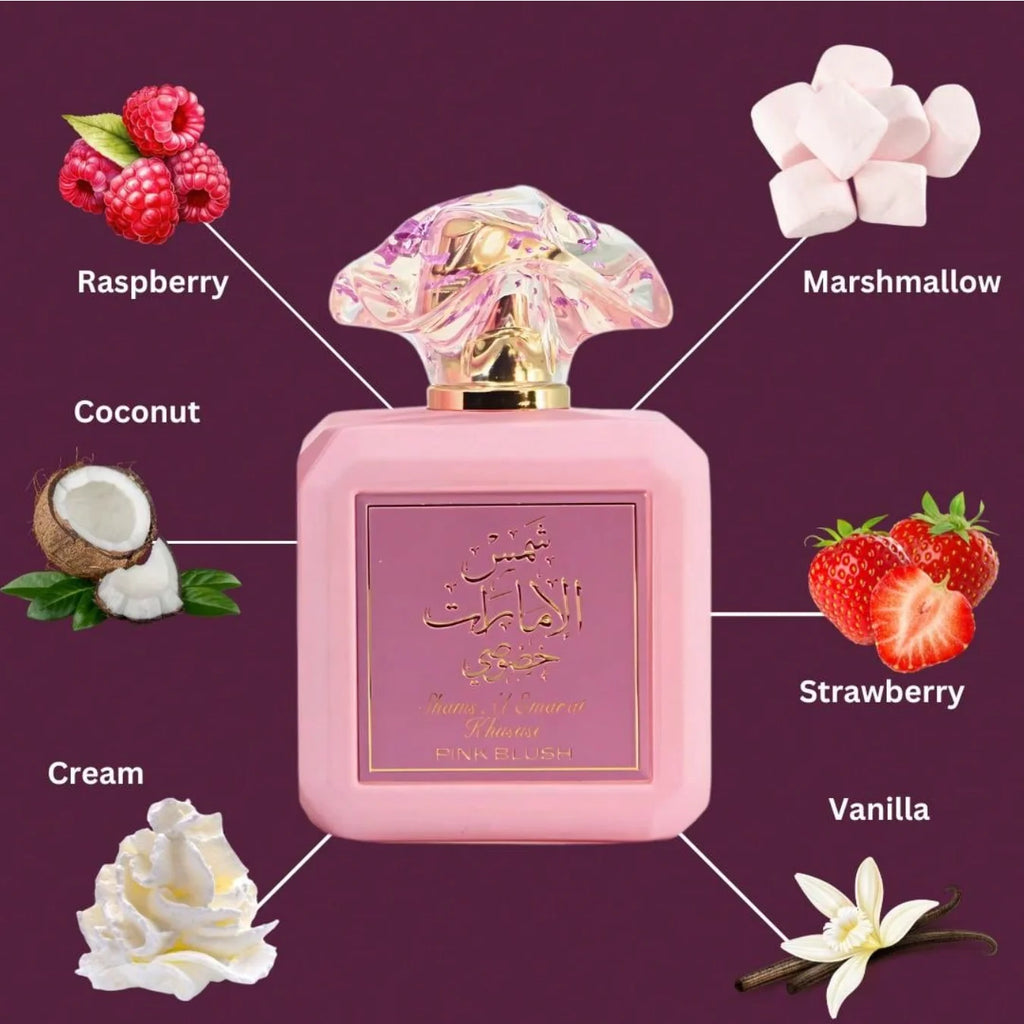 Ard Al Zaafaran Pink Blush Shams Al Emarat Khususi 100ml 3.4oz is a sweet and romantic Arabian perfume designed for women