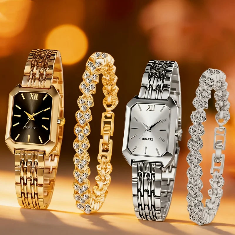 4PCS/Set Elegant Rectangle Women Watches Fashion Ladies Quartz Wristwatch Heart Bracelets Set Reloj Mujer Clock（Without Box）