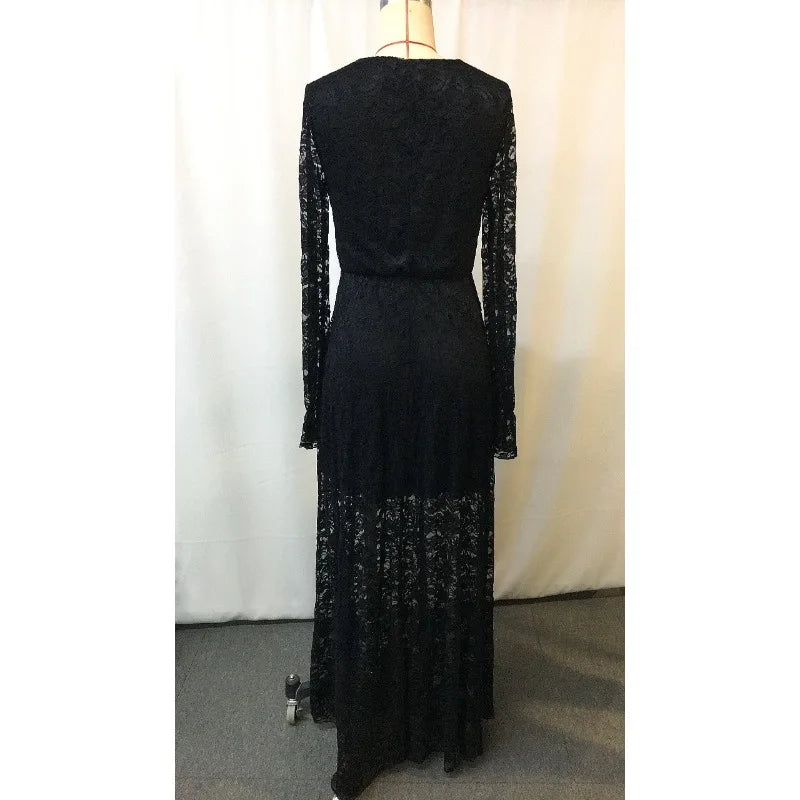 Deep V Neck Lace Embroidery Dress Woman High Waist Chic Hollow Out Jacquard Crochet Dress Autumn Flare Sleeve Formal Party Robe