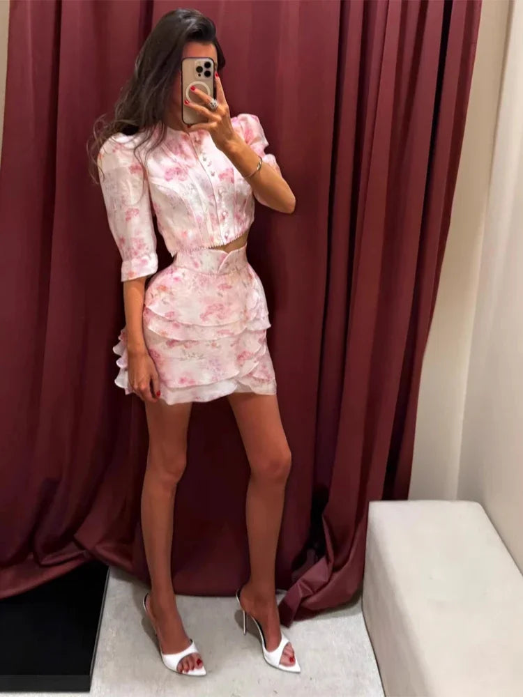 Floral Print Two Piece Set Women Puff Sleeve Crop Top Layered Ruffle Sexy Mini Skirt Sets Lady 2026 Summer Boho Beach Outfit