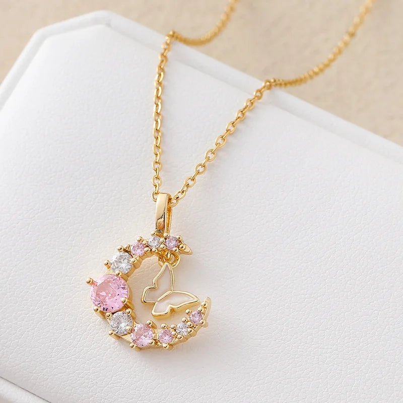 Fashion Butterfly Moon Necklace Women's Stainless Steel Collar Chain High end Elegant 2025 New Korean Jewelry Gift