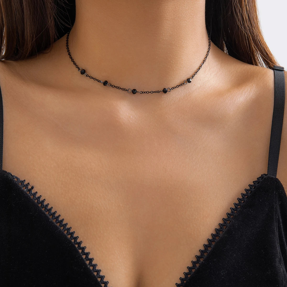 Lacteo Minimalism Crystal Beads Ball Chain Necklace for Women Simple Black Link Chain Choker Jewelry Collar Party Wedding Girls