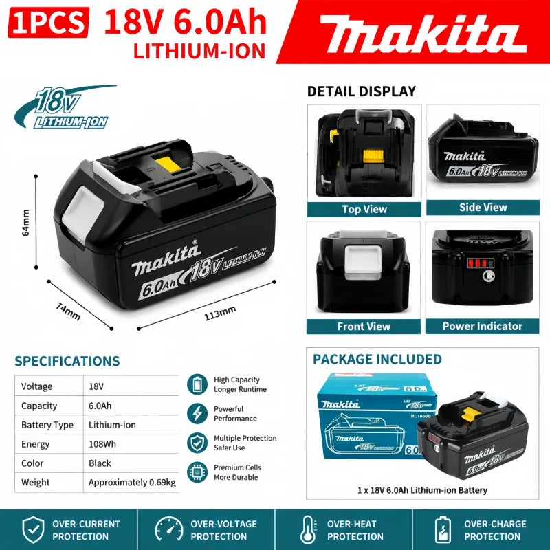 Genuine 6AH Makita BL1860 6Ah Battery Power Tools Li-ion Replacement LXT BL1850 BL1840 for 18V Screwdriver with BMS 18V Battery