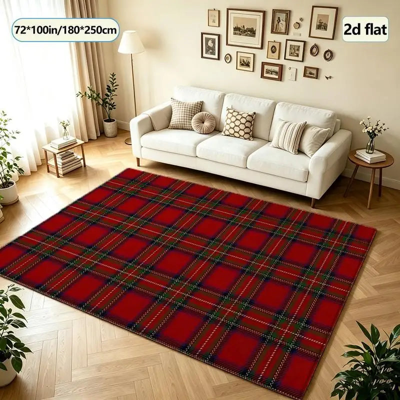 Traditional Red Scottish Plaid Carpet, Square Carpet, Suitable for Indoor Hall and Living Room Floor Decoration