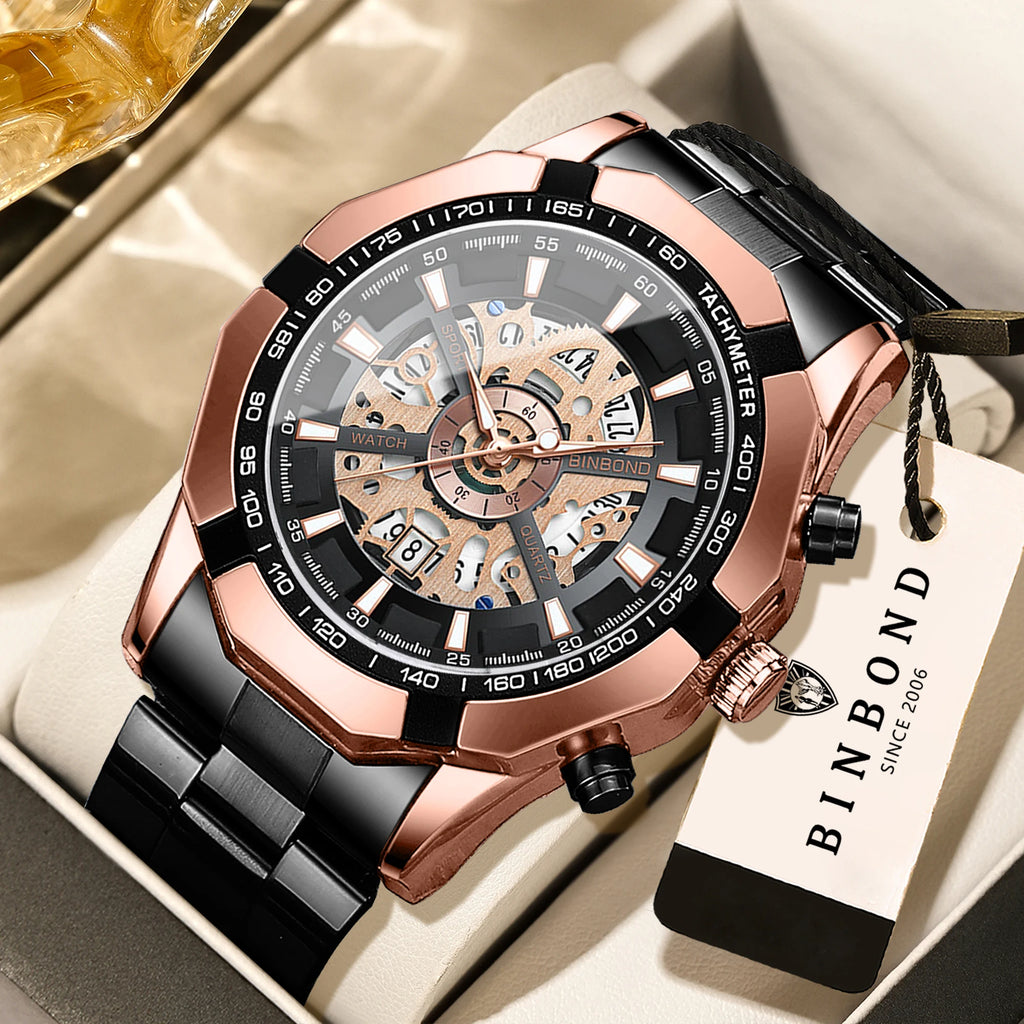 BINBOND Luxury hollow-out quartz wristwatch for men luminous waterproof chronograph men's watch business sport fashion reloj