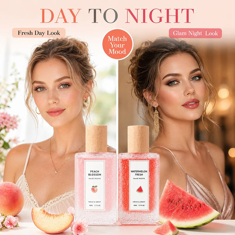 2Pcs Fruity Eau de Toilette for Women, Peach Blossom & Watermelon Fresh Perfume Spray, Sweet Floral Body Fragrance Gift Set