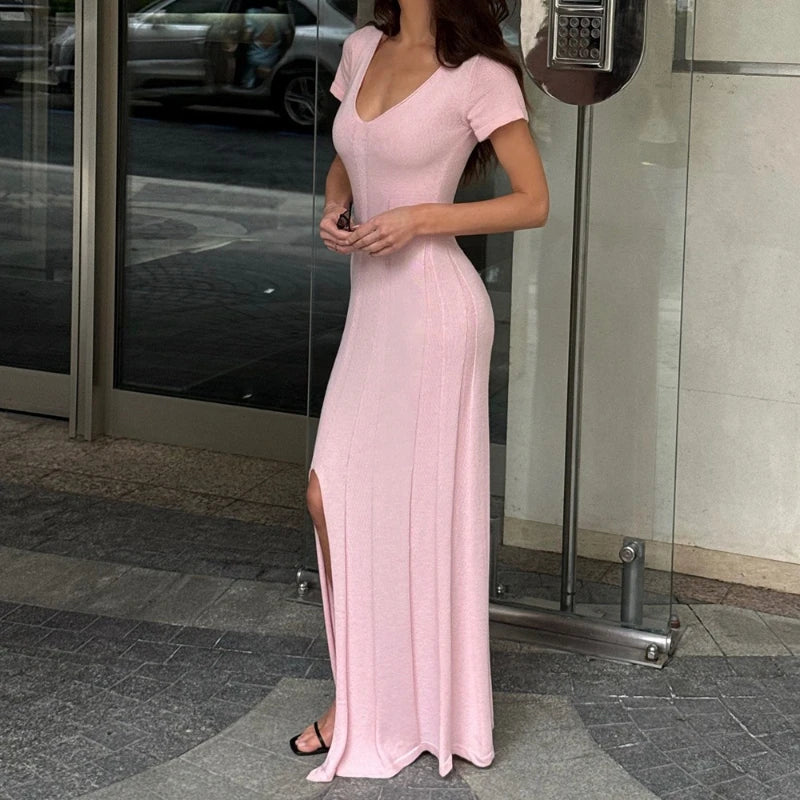 TARUXY Spring Summer Short-Sleeved Knitted Dress Women Solid V-Neck Slit Long Dress Slim Sexy Commuting Leisure Dress Female New