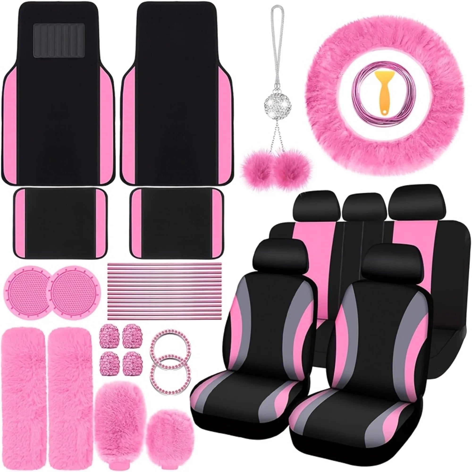 41pcs General Motors Interior Additions Set Including Seat Covers, Steering Wheel Cover, Seat Belt Cover, Car Floor Mats, Easy to Install, Durable, All-Season Protection