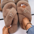Women Furry Fur Slippers Soft Faux Fur Slides Ladies Plush House Slippers Cross Strap Open Toe Flat Sandals Fluffy Warm Shoes