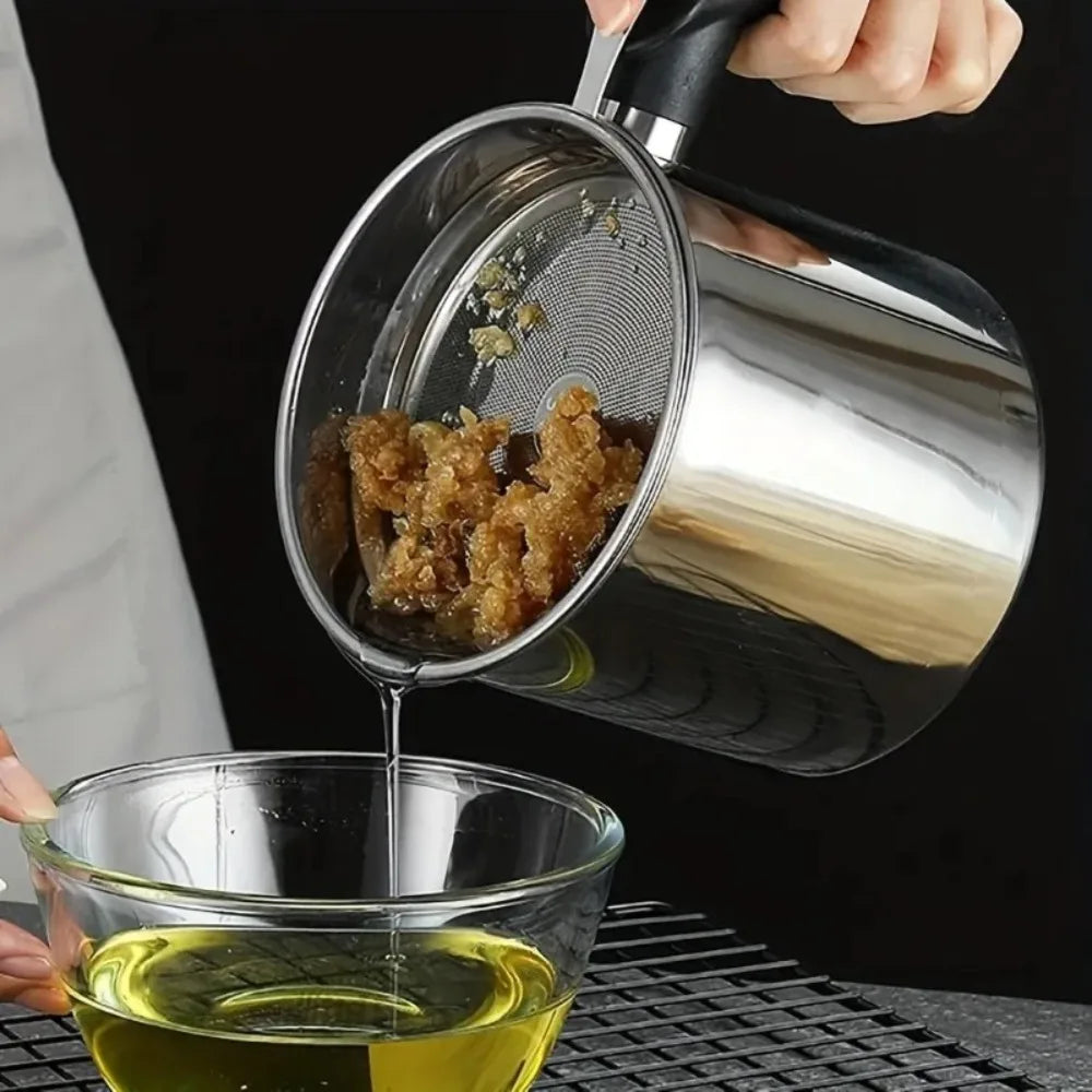Stainless Steel Oil Filter Cup Kitchen Oil Storage Bottle Leak Proof with Removable Strainer for Storing Frying Oil Kitchenware