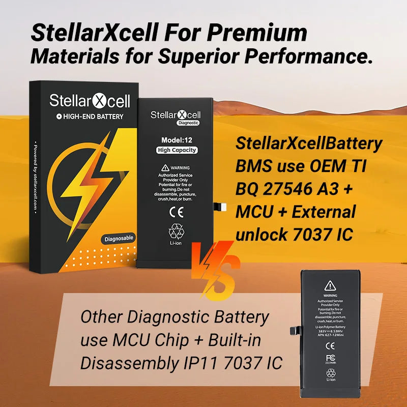 StellarXcell Diagnostic Battery Show Genuine Part No Pop Up Message for iPhone 12mini 13Pro 14Plus 15Promax Battery Replacement