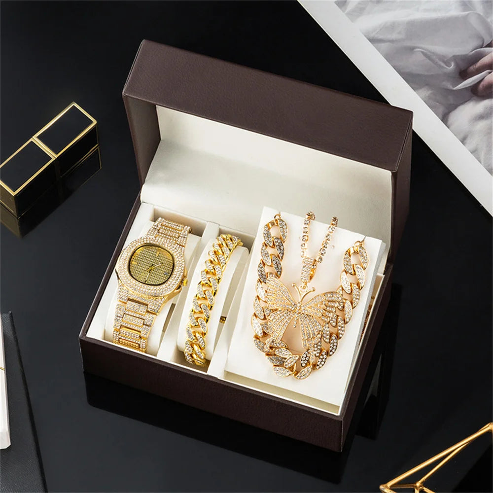 Fashion Women Watch Set Gift Box Bracelet Necklace Cuban Chain Butterfly Diamond Bling Jewelry Set Gifts for Women Drop Shipping