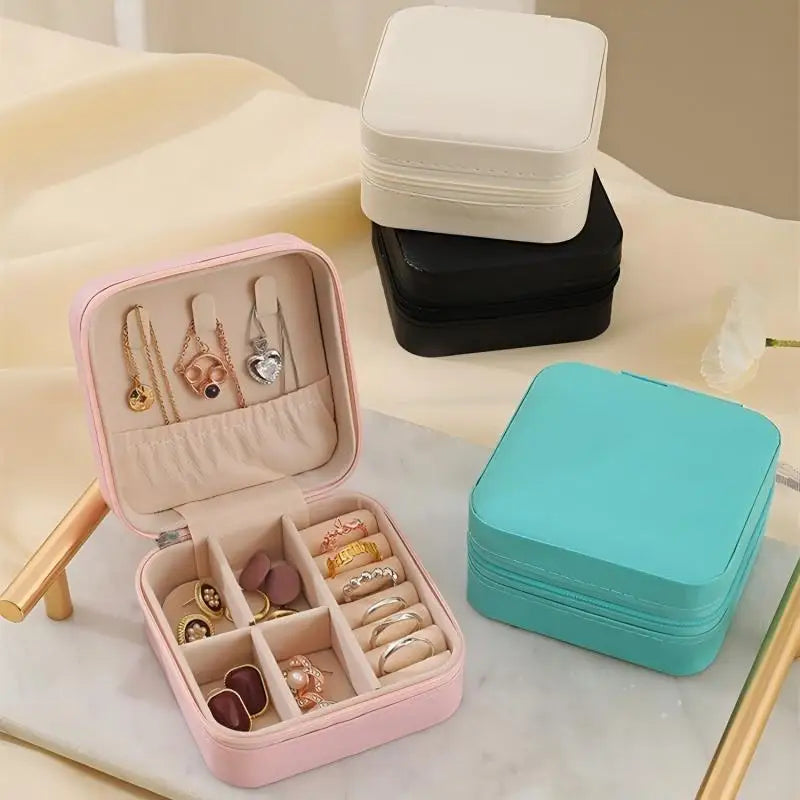 Solid Color PU Leather Material Jewelry Storage Box Travel Earrings Necklace Ring Organizer Case For Travel