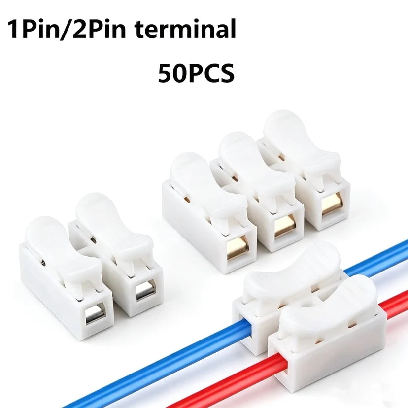 50Pcs Quick Wire Connectors 1P 2P No Soldering Required Spring Clamp Cable Terminals Screwless Terminal Block for Electronics