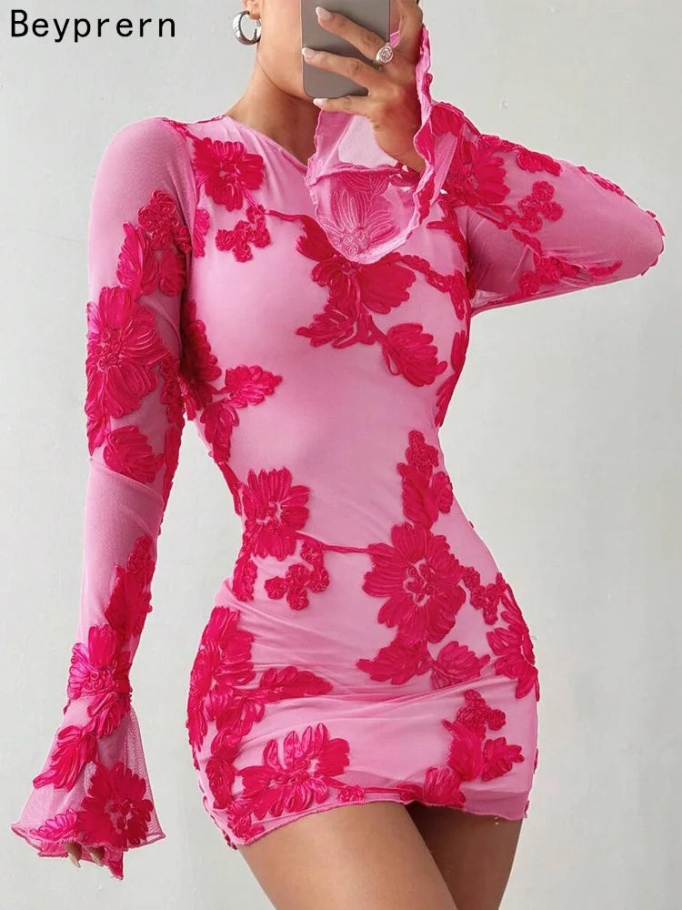 Beyprern Glam Backless Rose Pink Floral Mesh Short Dress Elegant Party Dresses For Women Long Sleeve Embroidered Birthday Dress