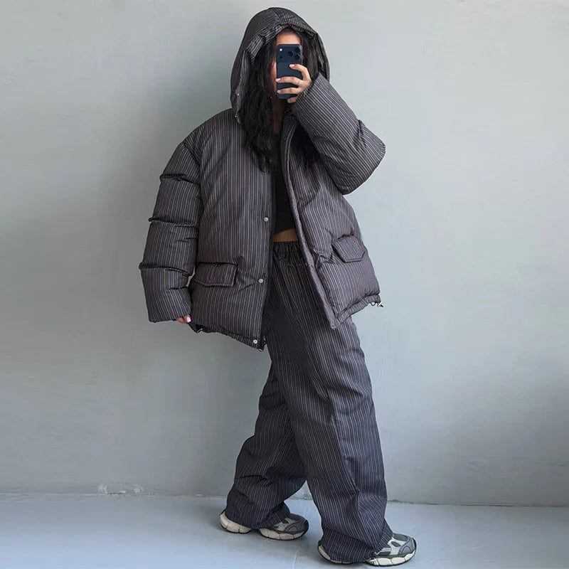 Puffer Women's Two Piece Set Winter Thick Outerwear High Waist Puffer Long Pants Thickened Version Winter Wear 2026 New Arrival