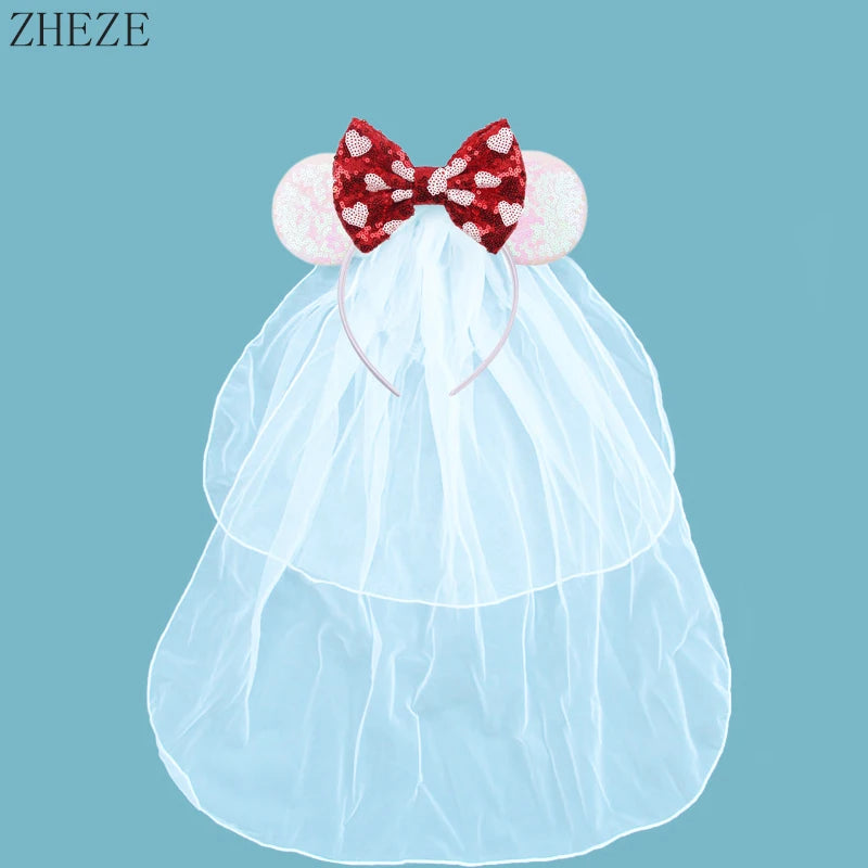 White Day Mouse Ears Headband With Veil Sequins 5"Bow Headwear For Women Festival Hairband Single Party DIY Hair Accessories