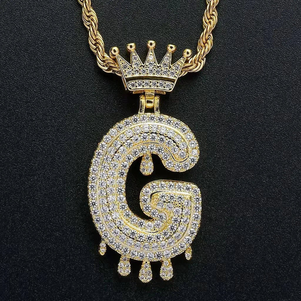 Hip Hop Iced Out Bling Cubic A-Z Drip Crown Zircon Initial Letters Necklaces Pendant Necklace Chain Men Jewelry with Rope Chain