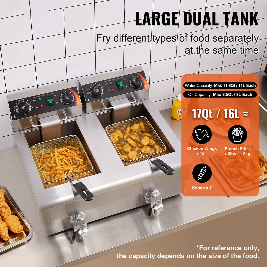 SucceBuy  12L Electric Deep Fryer w/Dual Removable Tanks Commercial Countertop  Fryer for Chicken French Fries Frying Chips