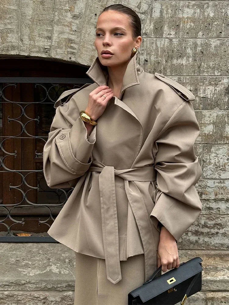 Women Lapel V-neck Belt Trench Coat Lace Up Button Full Sleeve Short Thin Windbreak 2026 Lady New Fashion Daily Street Outerwear