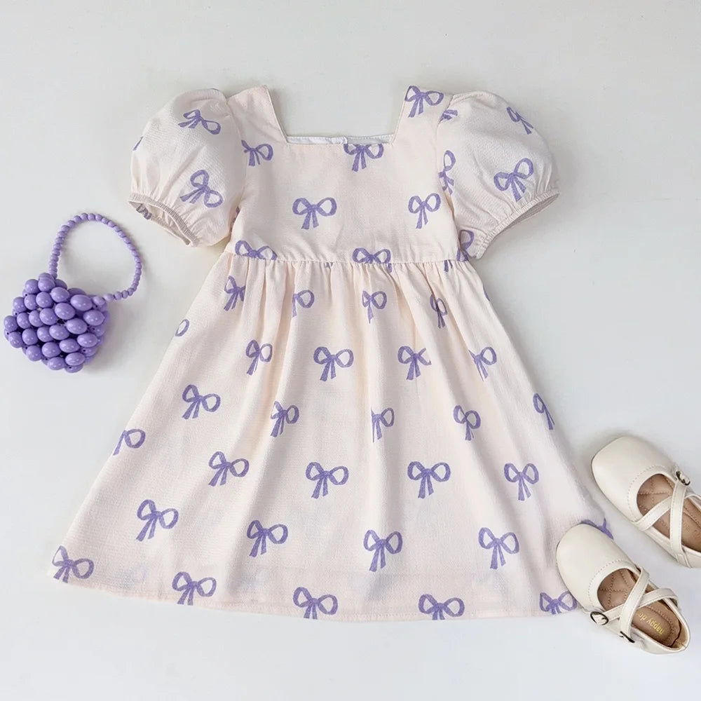 Bear Leader Short Sleeved Girls Clothing Summer New Bow Print Casual Dresses Sweet and Cute Kids Clothes for 3-7 Years Wear