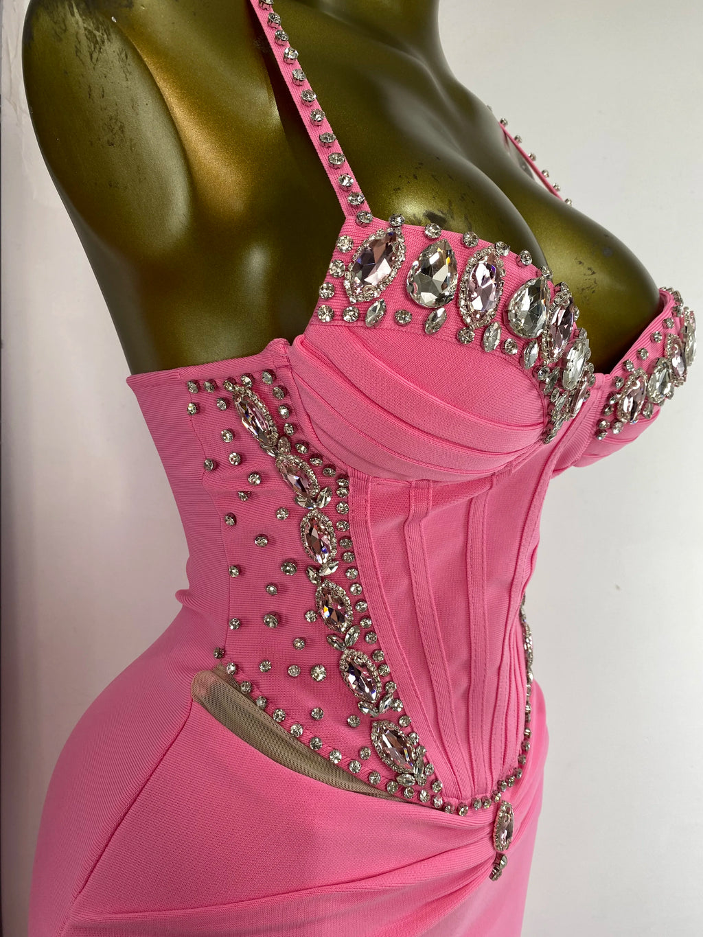 Women Luxury Pink Bandage Dress Spaghetti Strap V Neck Crystale Pleated Open Leg Long Birthday Celebrity Evening Party Dresses