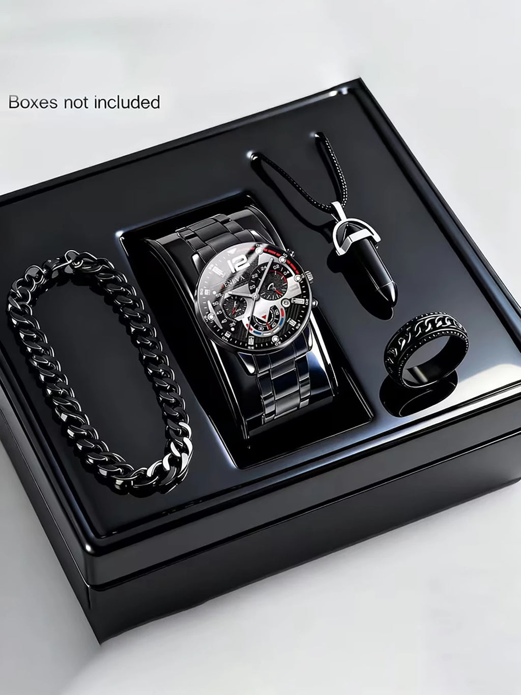 Men's Trendy Quartz Watch Set with Bracelet Necklace Ring Calendar Function Birthday Gift Not including Box