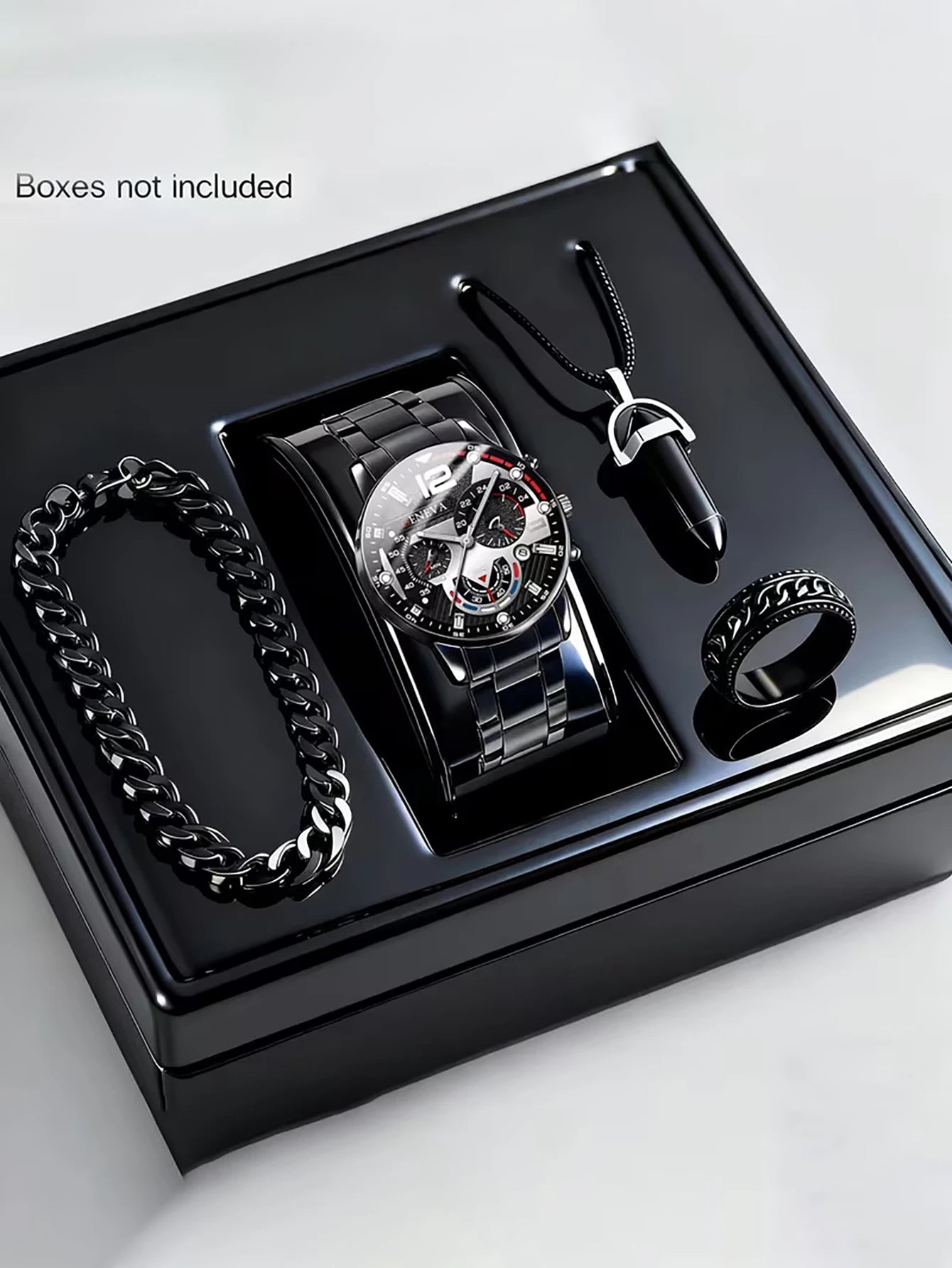 Men's Trendy Quartz Watch Set with Bracelet Necklace Ring Calendar Function Birthday Gift Not including Box