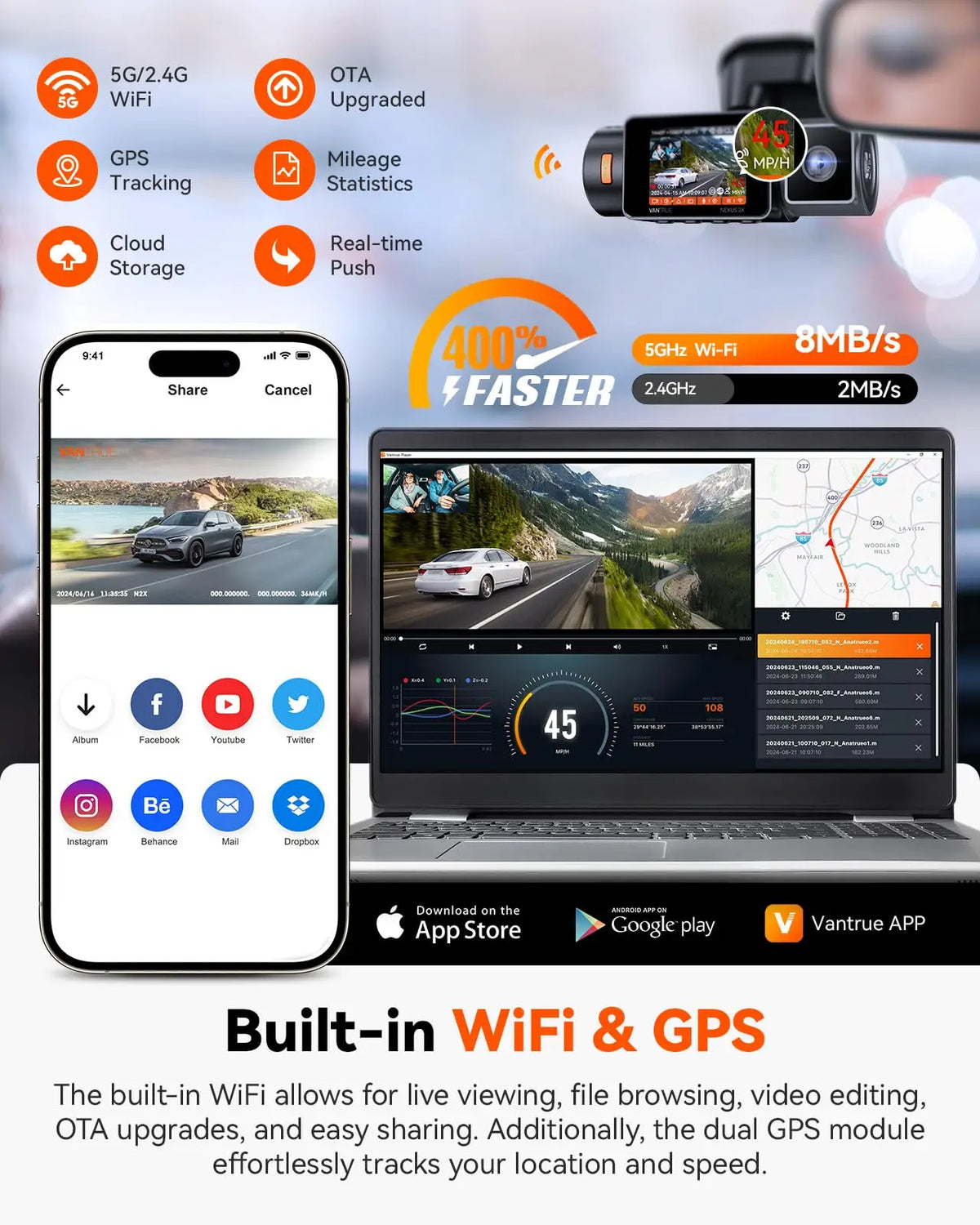 Vantrue N2X 2.7K Dash Cam Front and Inside, 5G WiFi Dual Dash Camera for Car with HDR IR Night Vision,  GPS, LTE Support, 60FPS