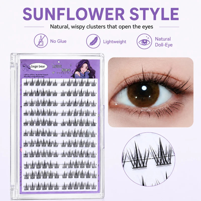 Gege Bear No Glue False Eyelashes Self Adhesive Lash Clusters Wispy Sunflower Style Natural Doll Eye Easy Apply Makeup