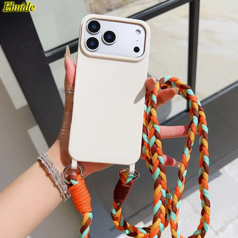 Fashion Lanyard Case For iPhone 17 Pro Max 18 14 12 11 13 15 16 Plus Air Shockproof Candy Crossbody Neck Cord Braid Strap Cover