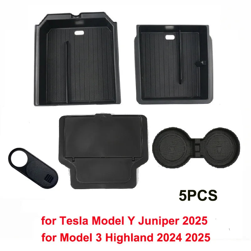 For Tesla Model 3 Y Juniper Highland 2025 2026 Launch Console & Armrest Upper and Lower Storage Box Watercup Holder Camera Cover