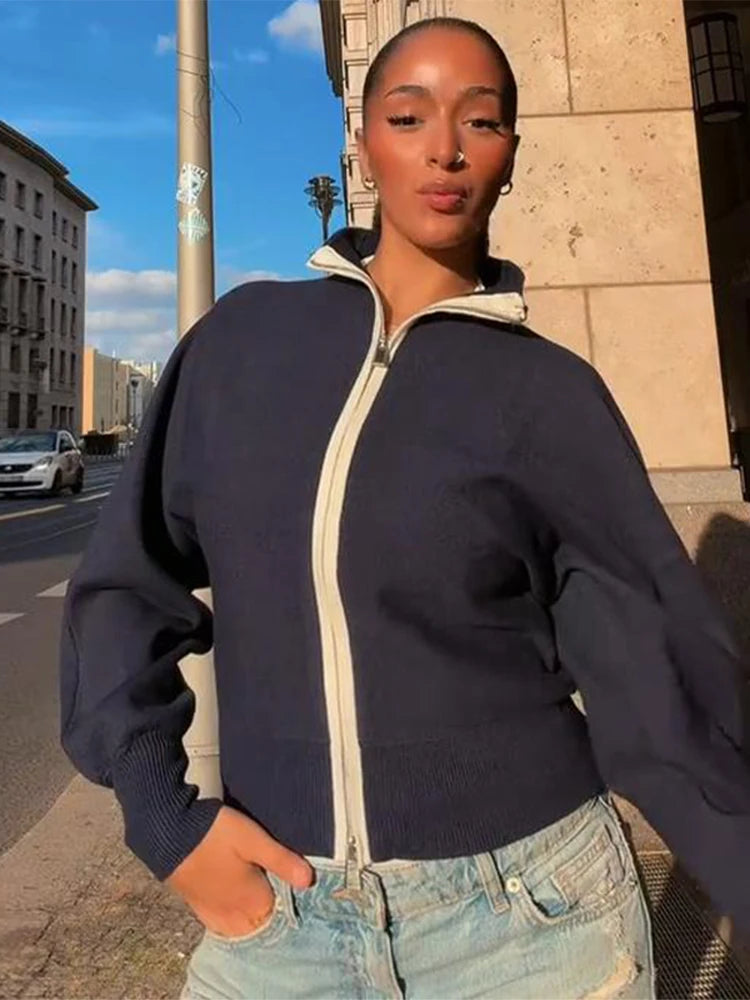 Zip Up Jacket Contrast White Zipper Long Sleeve Loose Cropped Bomber Coat 2026 winter Autumn Casual Streetwear Women  Outerwear