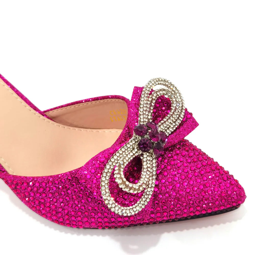 2022 Latest Italian Design African Women's High Heel Pointed Toe Sandals Party Wedding Party Fuchsia Color Shoes and Bags Set