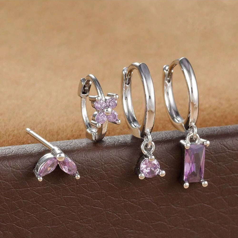 4pcs Fashion Cubic Zirconia Flower Hoop Earrings Set 18K Gold Plated Stainless Steel Stud Earring Piercing Jewelry aretes mujer