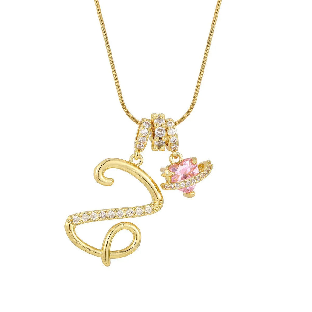 Fashion Letter Necklace Pink for Women  Zircon Heart Pendant Suitable for Personalized Stainless Steel Luxury Jewelry for Girls