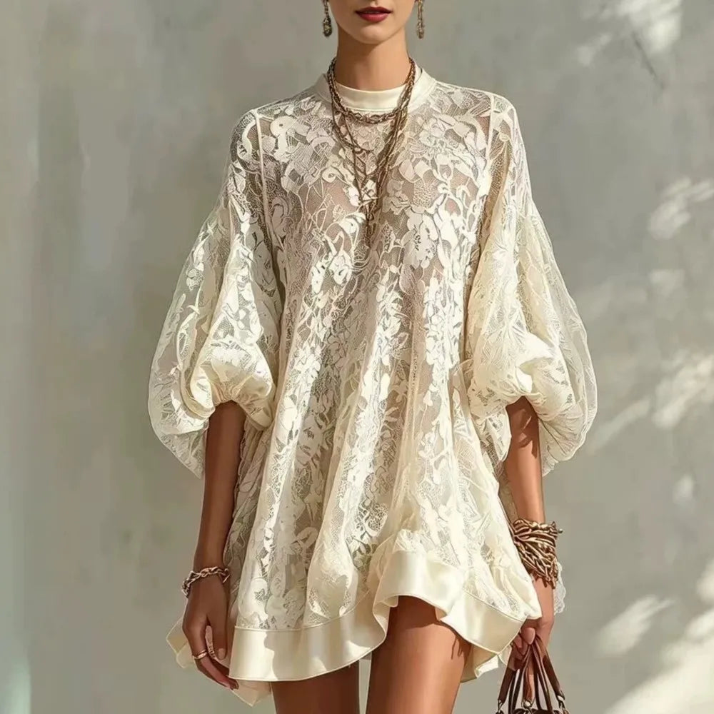 Women Solid Floral Lace Mini Dress Autumn O Neck Lantern Sleeve Mesh Sheer Loose Dresses Boho Casual Beach Holiday Ruffle Dress