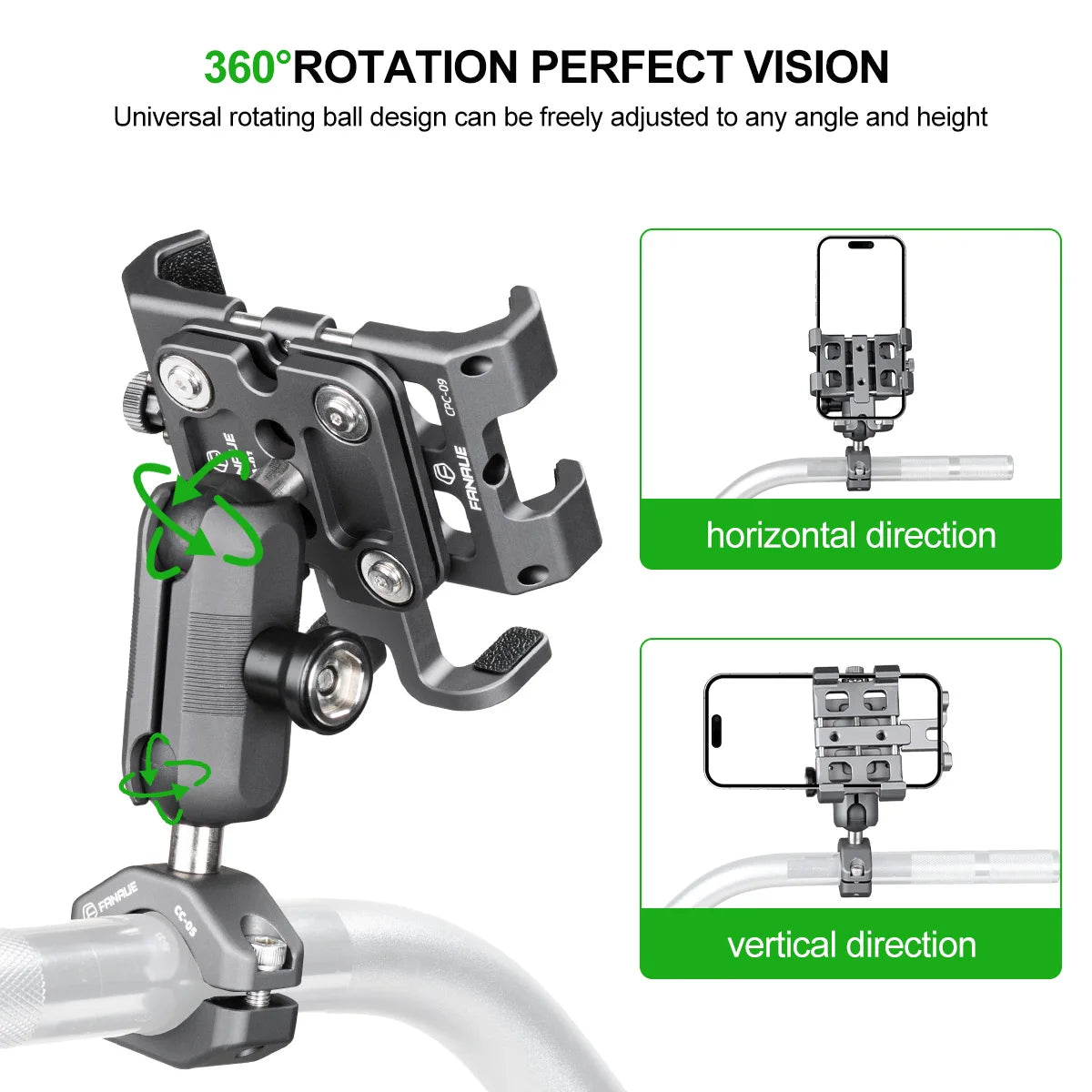 FANAUE Motorcycle Bike Phone Holder Mount Aluminum Alloy with Vibration Dampener ATV/ UTV Bike Scooter Handlebar GPS Clip