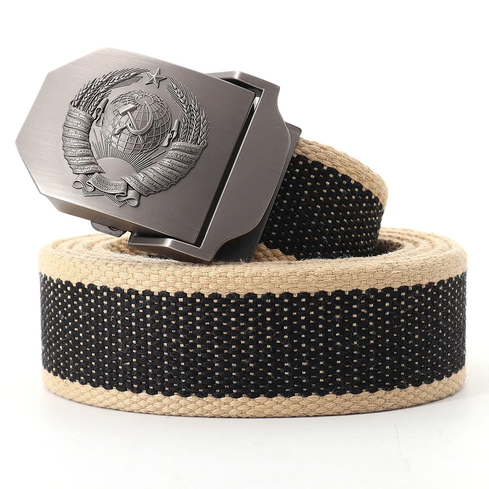 Mens Canvas Outdoor Tactical Army Belt 3D Soviet National Emblem Metal Buckle Unisex Jeans Belt for Men Military Training Belts