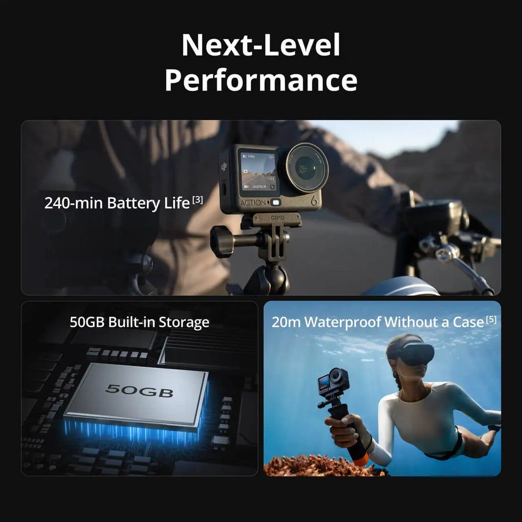 DJI Osmo Action 6 Standard Combo All-In-One Flagship Action Camera 8K Waterproof Action Camera with 1/1.1" Square Sensor Variable Aperture of f/2.0–f/4.0 Rocksteady 3.0 Cold-Resistant 4hrs Battery Built-in 50GB Storage Vlog