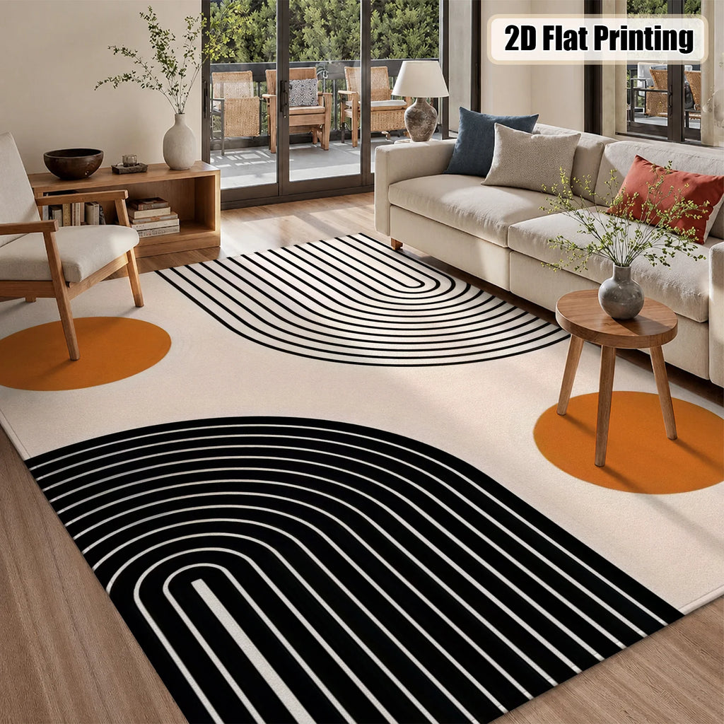 Large Indoor Area Rug, Soft Velvet Low Pile with Non-slip Dotted Backing, Machine Washable Mid-Century Geometric Black & Terracotta Pattern Rug for Living Room, Bedroom, Modern Home Decor