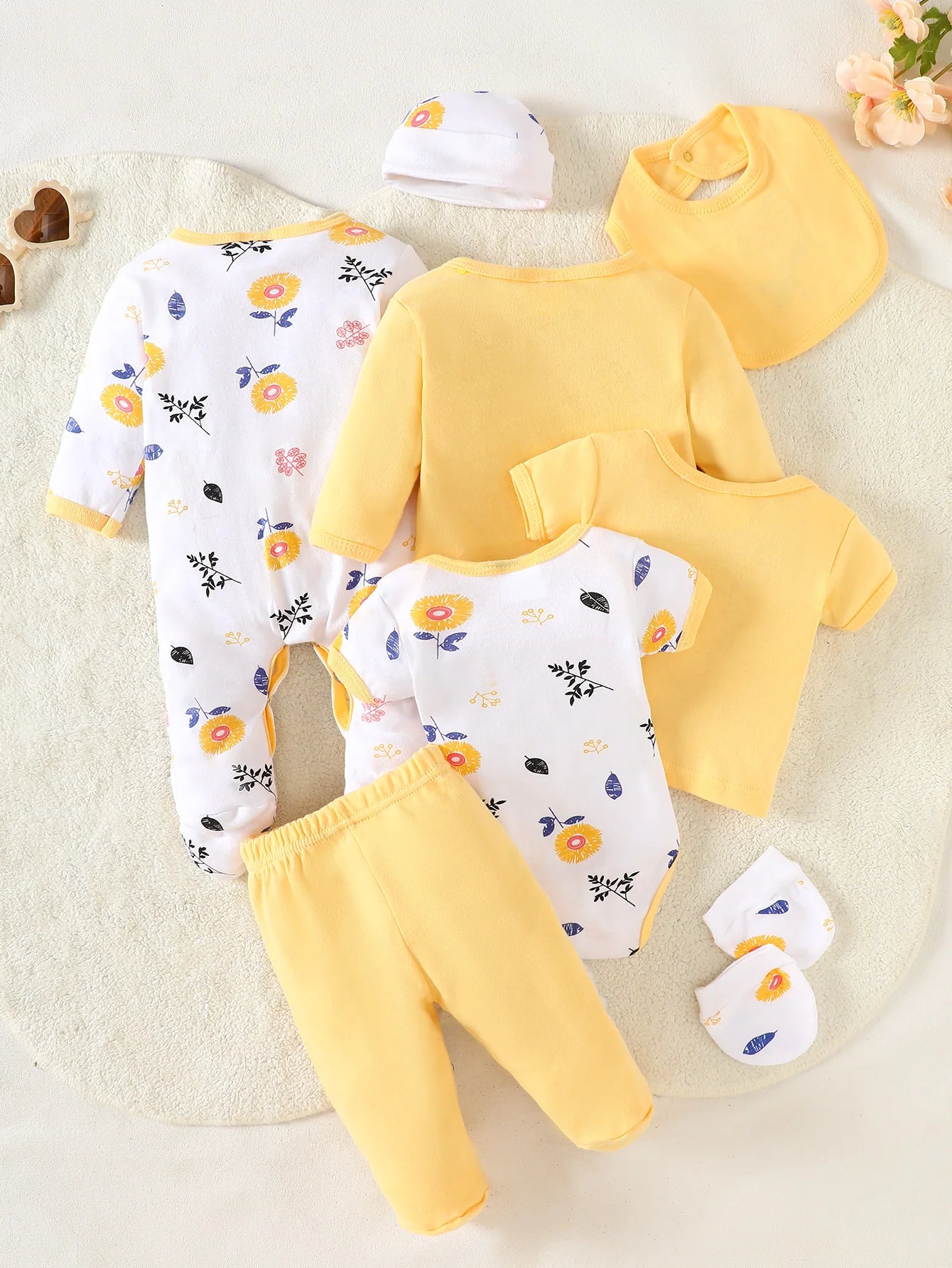 8-Piece Newborn Baby Romper Set, Made of 100% Pure Cotton, Soft and Breathable. Features a Yellow Floral Pattern, Suitable for N