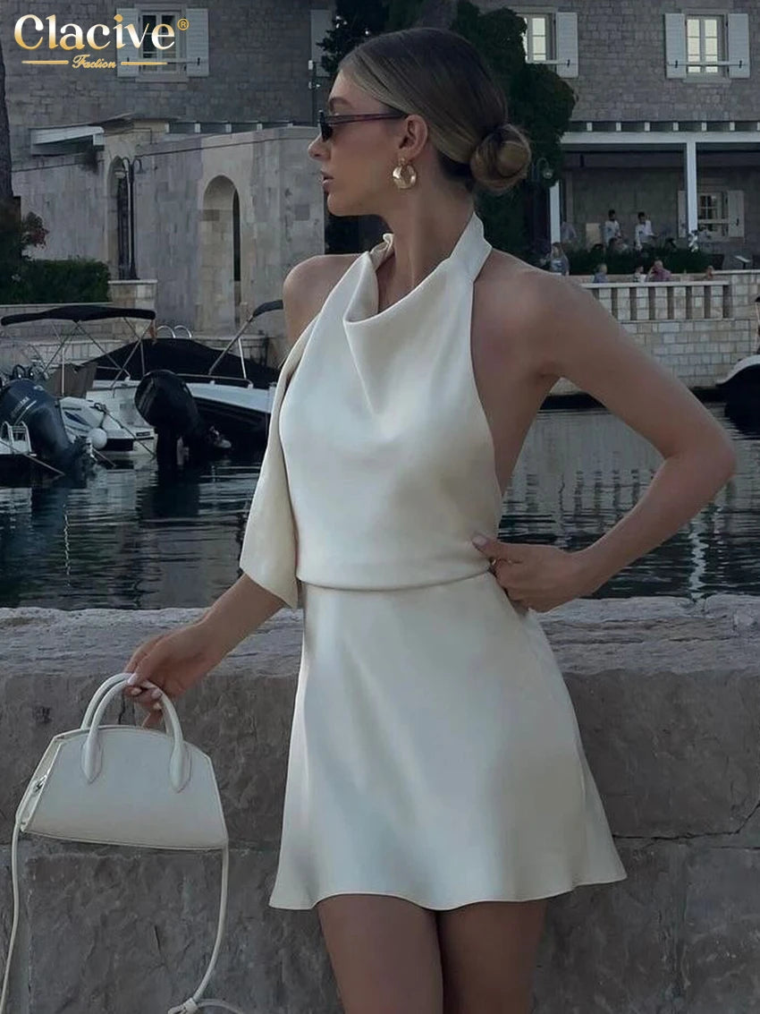 Clacive Summer Slim Beige Satin Women Dress Sexy Halter Sleeveless Mini Dresses Elegant Lace-Up High Waist Backless Female Dress