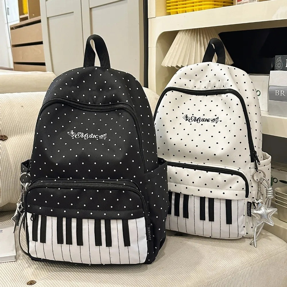 New Large Capacity Polka Dot Backpack Lightweight Multifunctional Piano Key Backpack Black Piano Mochilas for Women
